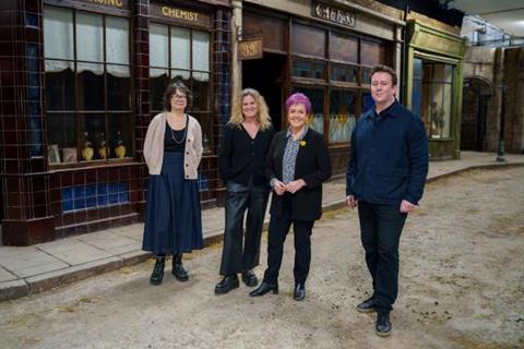 3. Bad Wolf.(L-R) Kate Crowther, Jane Tranter, Deputy Minister and Dan McCulloch from Bad Wolf on set of Bad Wolf's Dope Girls sm